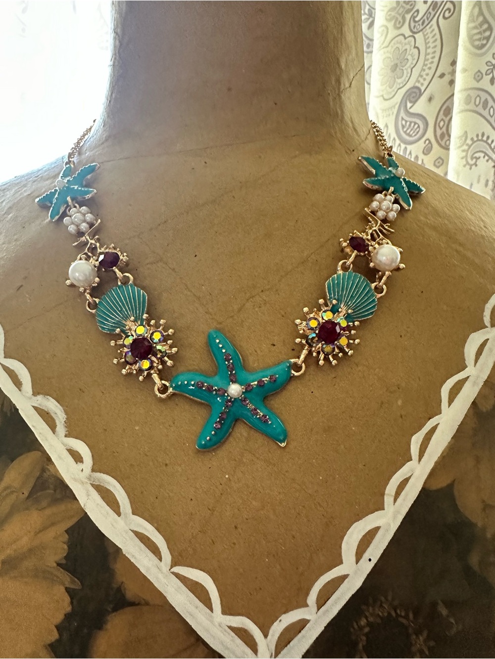 Turquoise Starfish & Shell Statement Necklace with Gold Accents